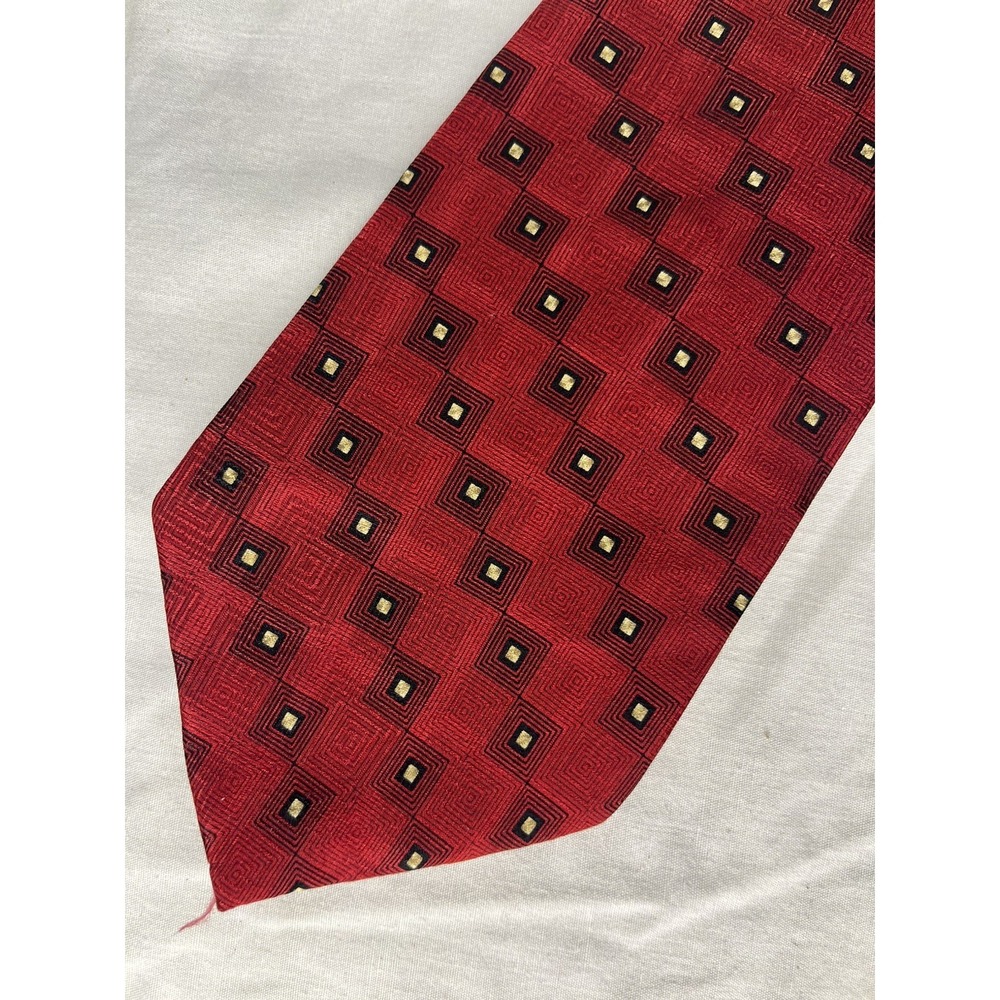 Pierre Cardin Tie Red W/Black & Gold Squares All Silk USA Made